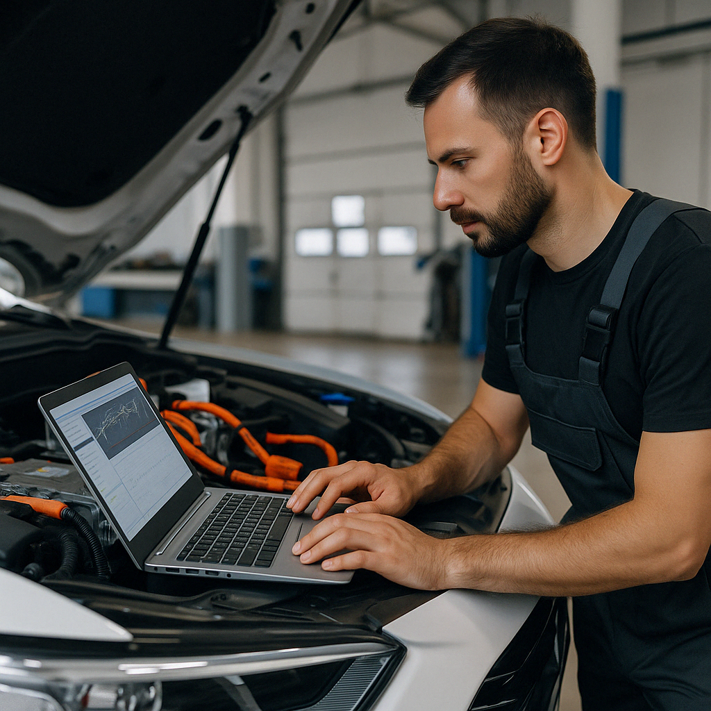 Automotive technician running diagnostics on a hybrid vehicle using a laptop at JD Automotive Service in Fort Worth