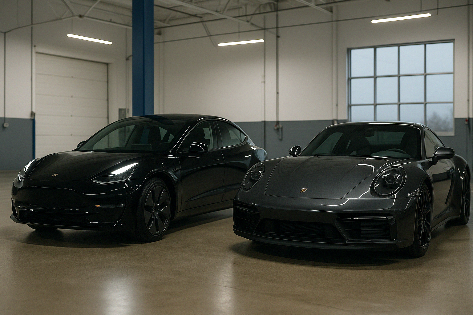 Tesla and Porsche parked side-by-side in a polished, high-end automotive repair garage in Fort Worth, TX”